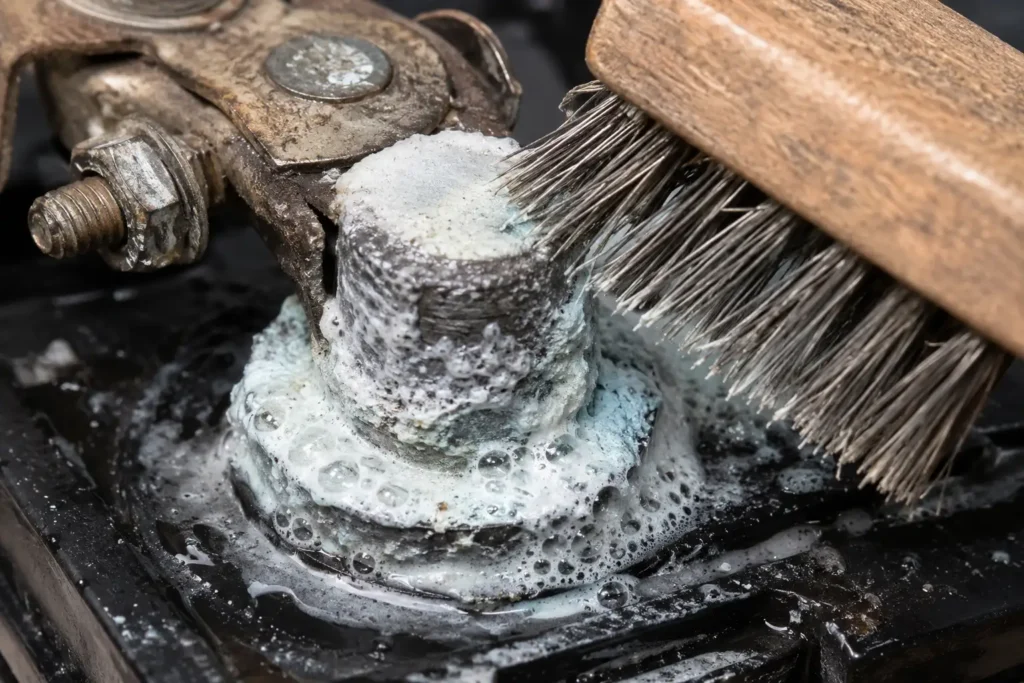 Close-up of a battery terminal being cleaned with a wire brush while baking soda paste bubbles around the corrosion