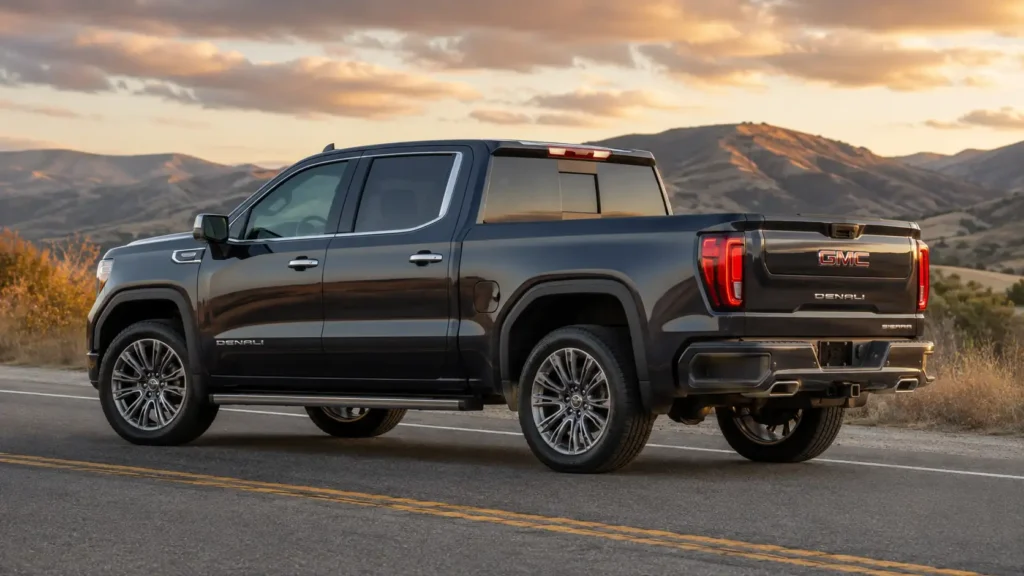 2022–2026 GMC Sierra 1500 Denali parked on an open highway at golden hour with rear hitch visible