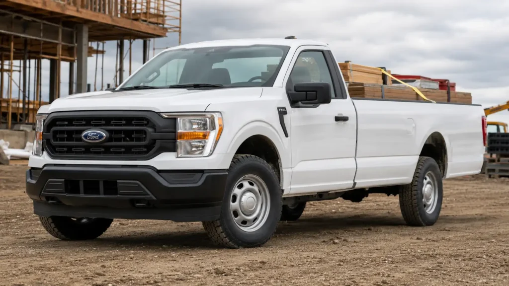 2024 Ford F-150 XL Regular Cab long-bed truck parked at a construction site with lumber loaded in the bed