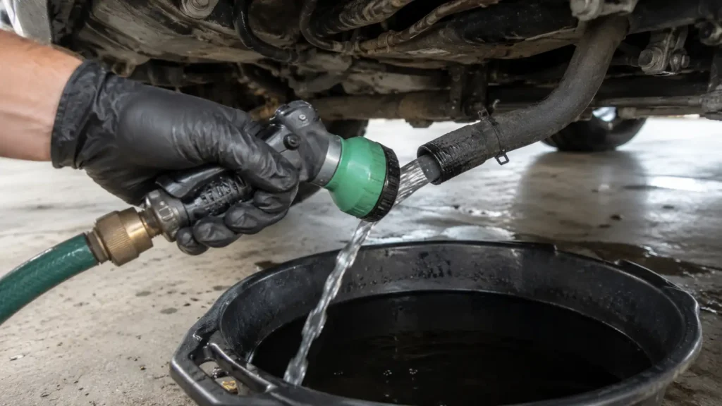 Mechanic flushing truck heater core hose with garden hose in garage. flushing heater core hose, mechanic garden hose radiator flush, heater hose flush DIY, truck cooling system flush, heater core back flush water hose