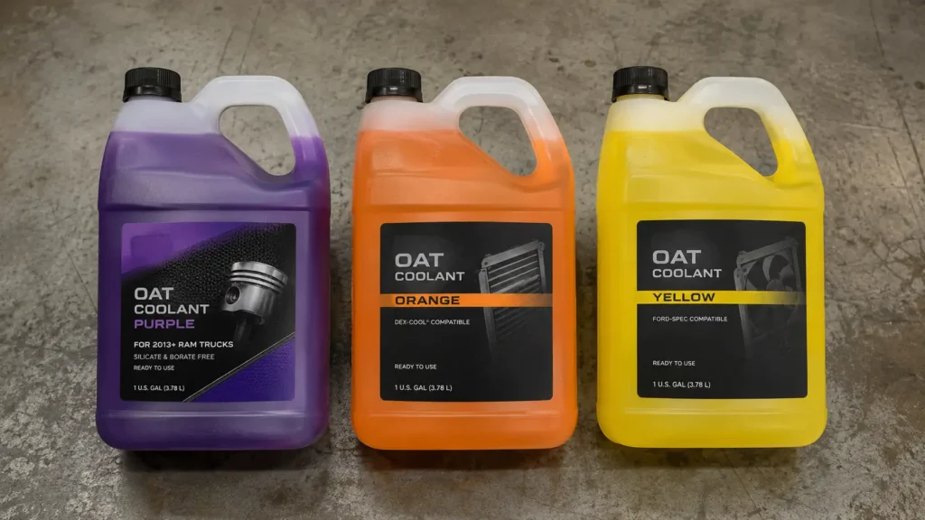 Mopar OAT purple coolant and truck coolant types for heater core flush. Mopar OAT purple coolant bottle, Ram truck coolant types, truck antifreeze comparison, Dex-Cool vs OAT coolant bottles, engine coolant workbench