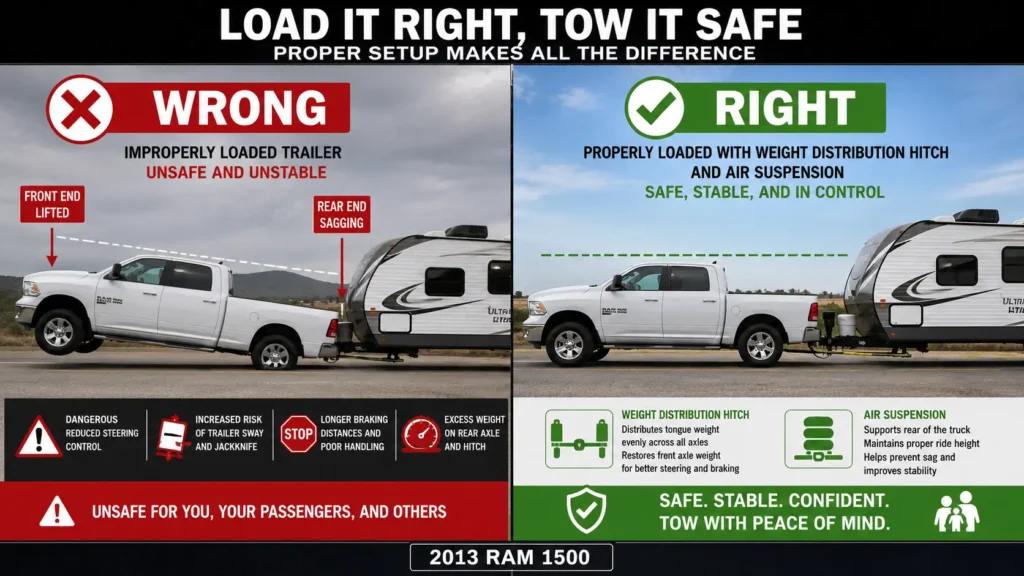 Split-screen comparison of a 2013 Ram 1500 towing setup showing an overloaded sagging rear suspension on the left and a level, properly supported setup on the right.