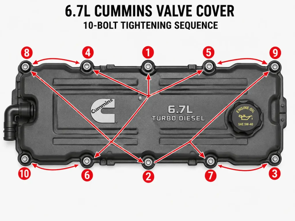 Top-down diagram showing the 10-bolt tightening sequence for a 6.7L Cummins valve cover.