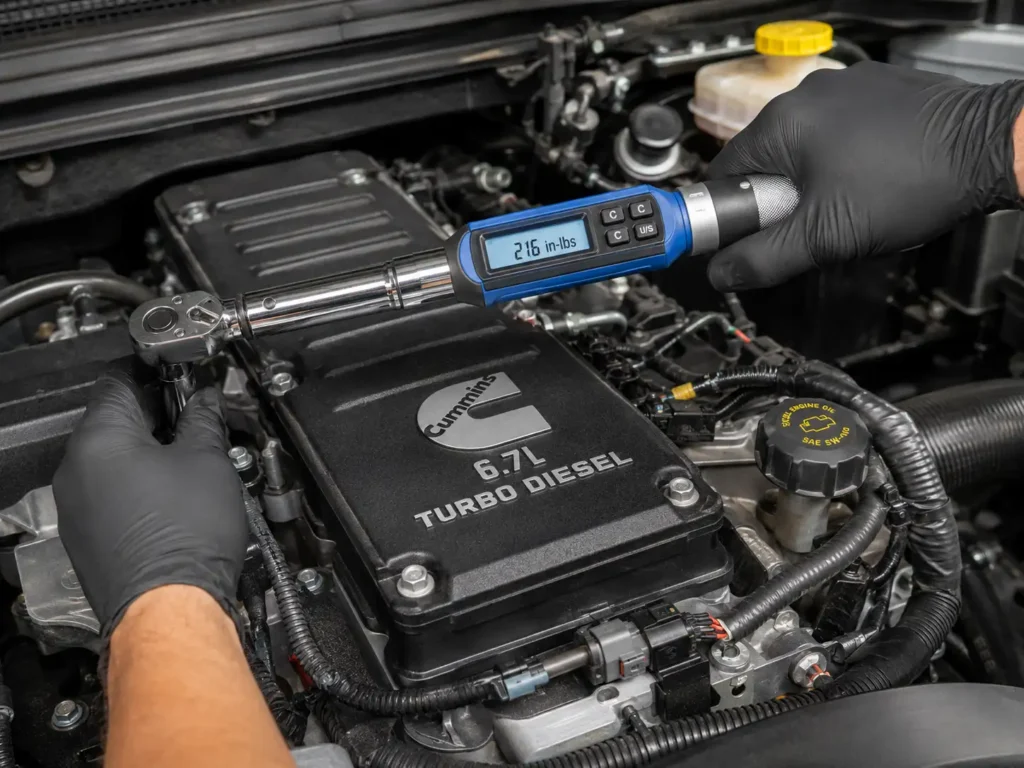 Mechanic using a digital inch-pound torque wrench set to 216 in-lbs on a 6.7L Cummins valve cover bolt.