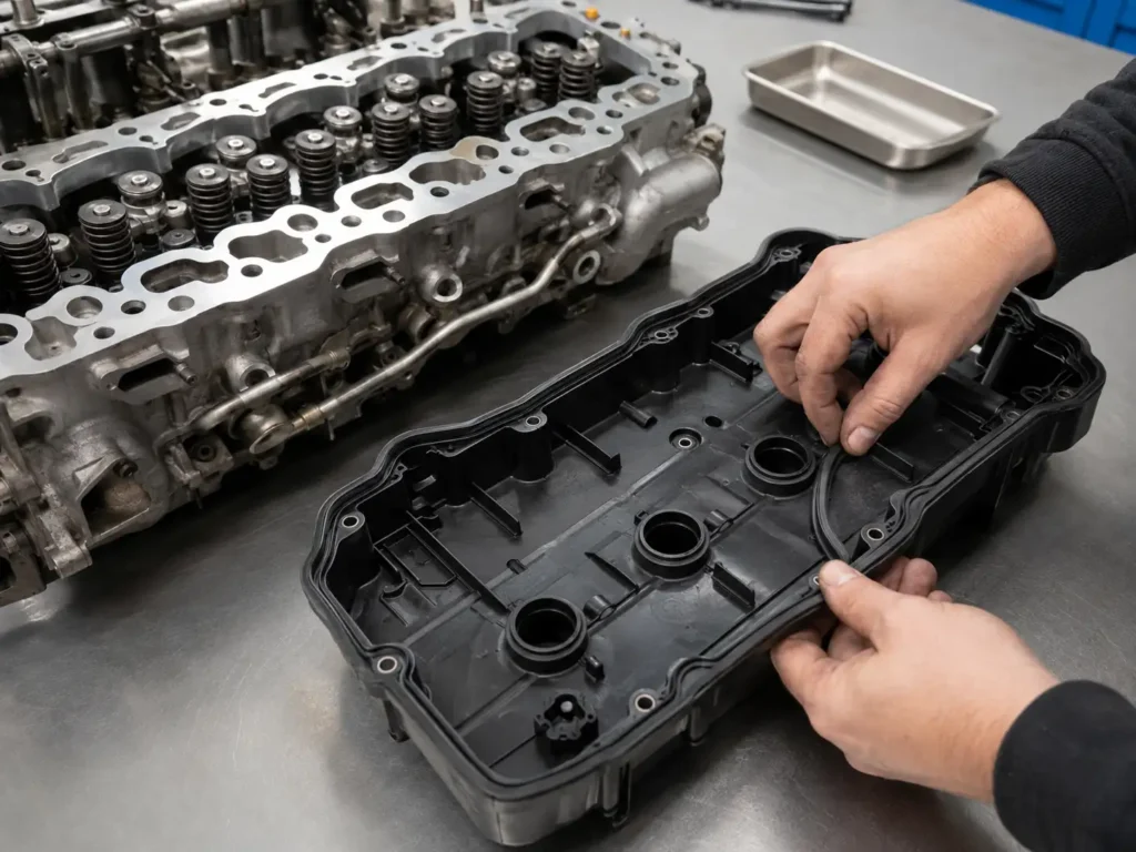 Mechanic installing a dry molded rubber gasket into a 6.7L Cummins valve cover on a clean workbench.