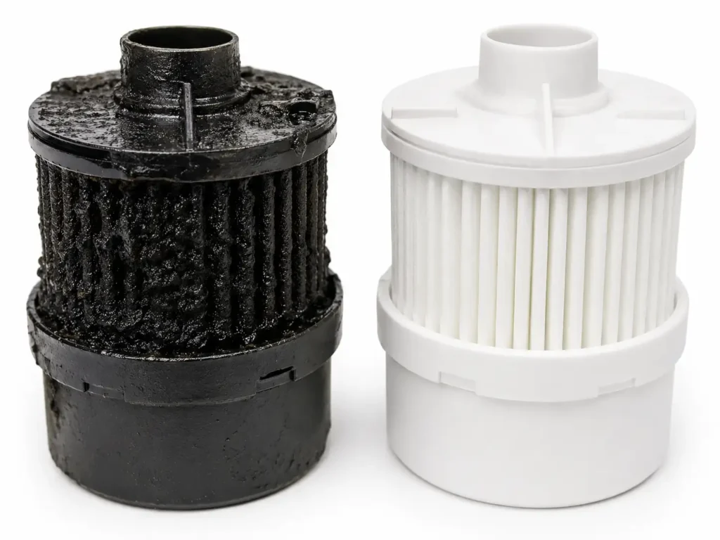 Side-by-side comparison of a clogged black 6.7L Cummins CCV filter and a clean white replacement filter.