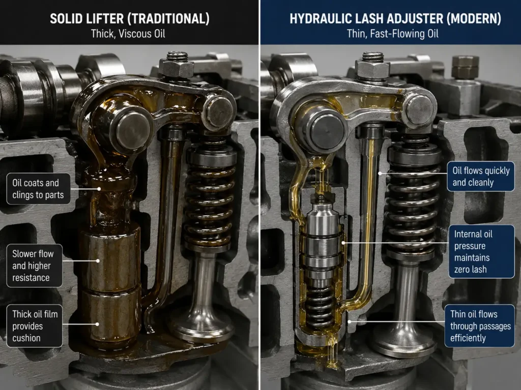Split-screen diesel valvetrain comparison showing a traditional solid lifter with thick oil and a modern hydraulic lash adjuster with fast-flowing oil