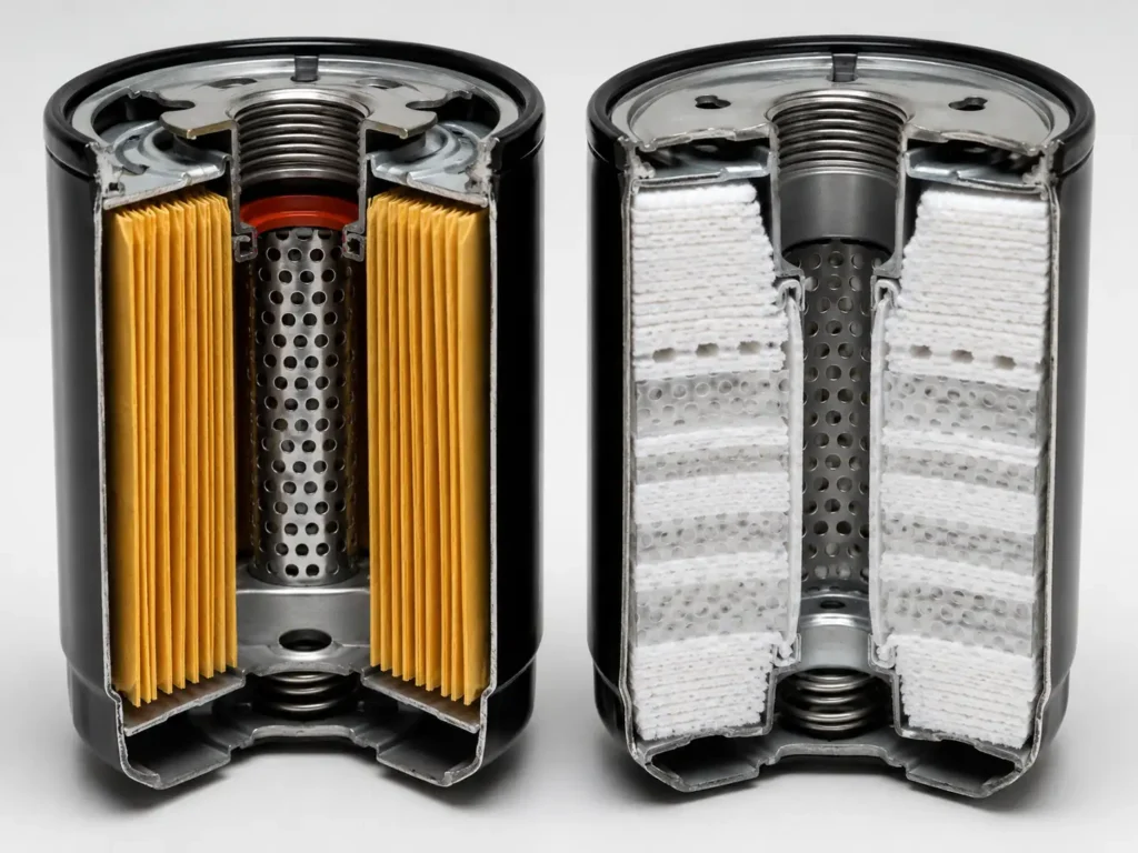 Cutaway comparison of two heavy-duty diesel oil filters showing yellow cellulose media and white multi-layer synthetic filter media