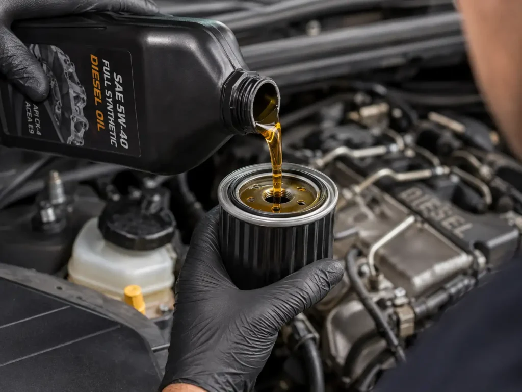 Mechanic wearing black gloves pouring amber synthetic diesel oil into a fluted spin-on oil filter before installation