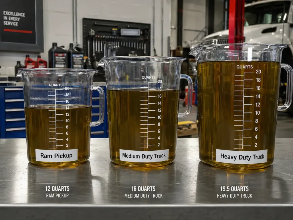 Three measuring beakers showing 12-quart Ram pickup oil capacity compared with 16-quart and 19.5-quart heavy-duty diesel truck oil volumes