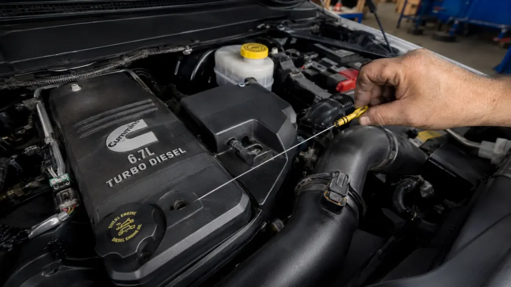 Checking oil level dipstick on Ram 2500 6.7 Cummins engine