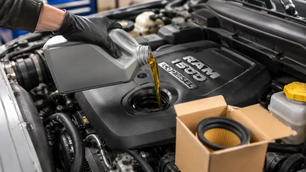 Mechanic pouring oil for Ram 1500 EcoDiesel oil capacity check