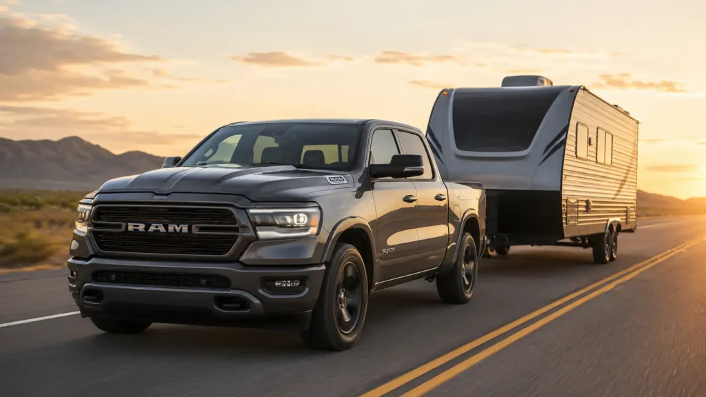 Ram 1500 EcoDiesel towing capacity shown with travel trailer