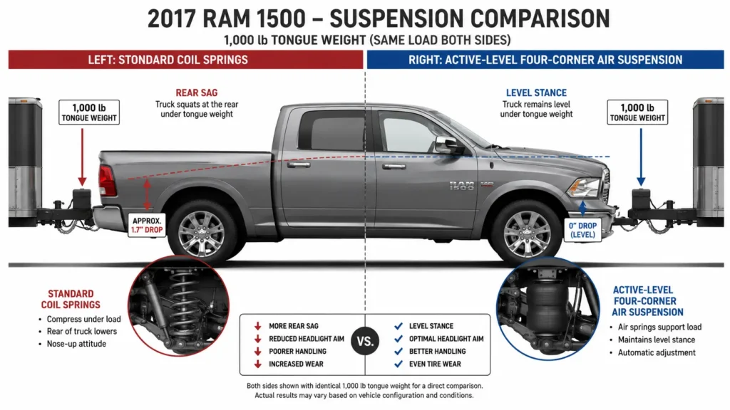 Side-by-side suspension comparison showing a 2017 Ram 1500 sagging under 1,000-pound tongue weight with coil springs versus staying level with four-corner air suspension.