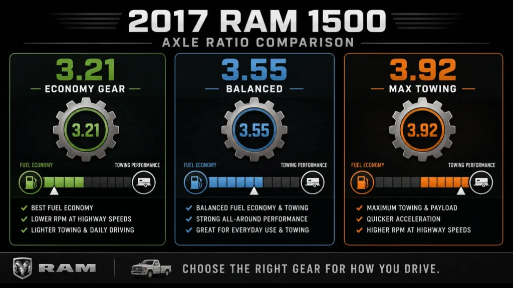 Infographic comparing 2017 Ram 1500 axle ratios: 3.21 Economy Gear, 3.55 Balanced, and 3.92 Max Towing, with fuel economy and towing trade-off indicators.