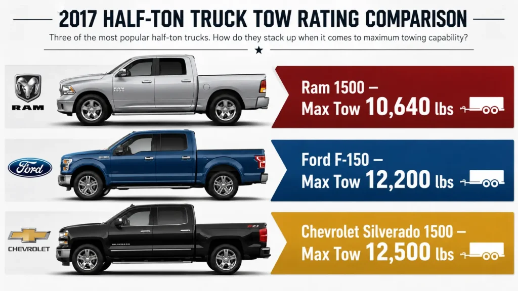 Comparison infographic showing max tow ratings for three 2017 half-ton trucks: Ram 1500 at 10,640 pounds, Ford F-150 at 12,200 pounds, and Chevrolet Silverado 1500 at 12,500 pounds.