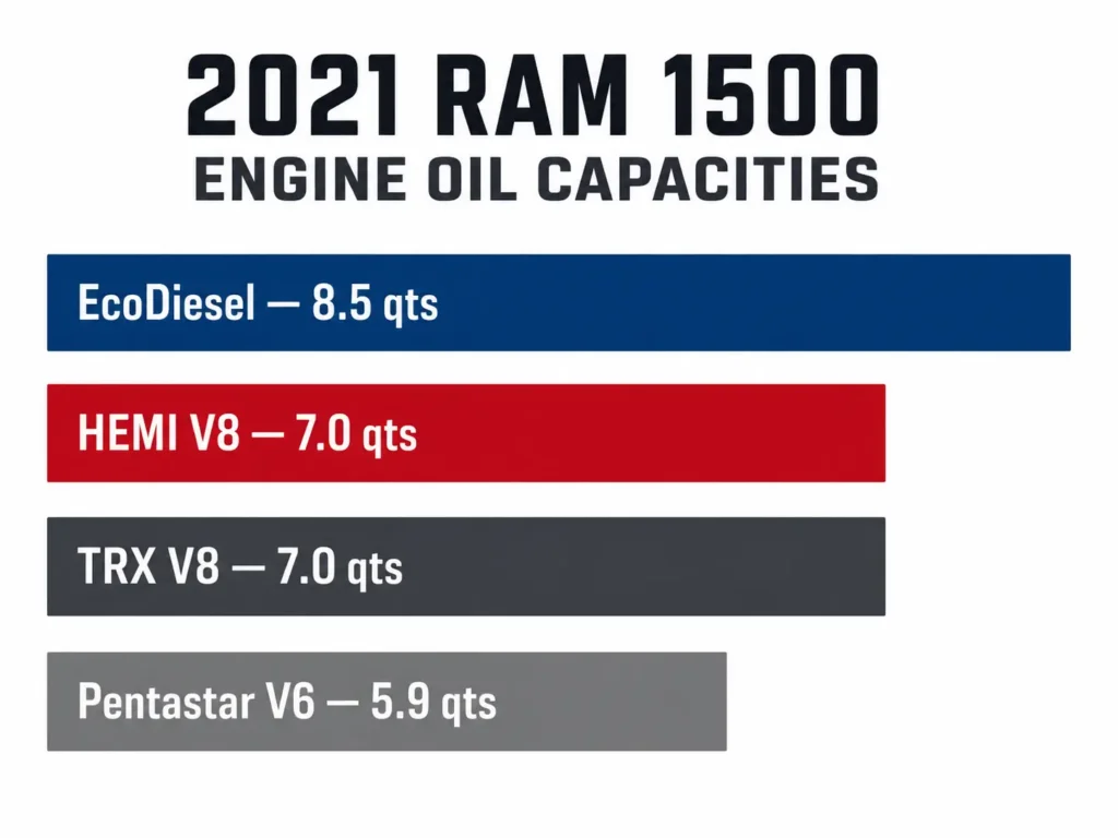 Horizontal bar chart showing 2021 Ram 1500 engine oil capacities: EcoDiesel 8.5 qts, HEMI V8 7.0 qts, TRX V8 7.0 qts, and Pentastar V6 5.9 qts.