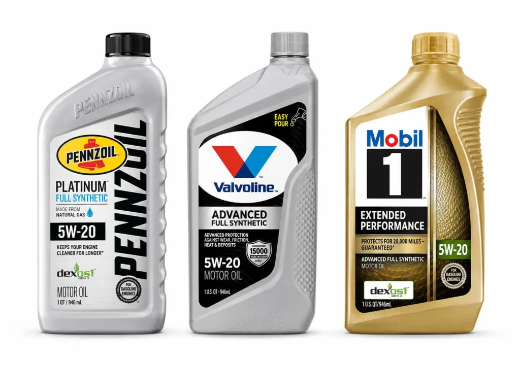 Three 5W-20 full synthetic motor oil bottles on a white background: Pennzoil Platinum, Valvoline Advanced Full Synthetic, and Mobil 1 Extended Performance.