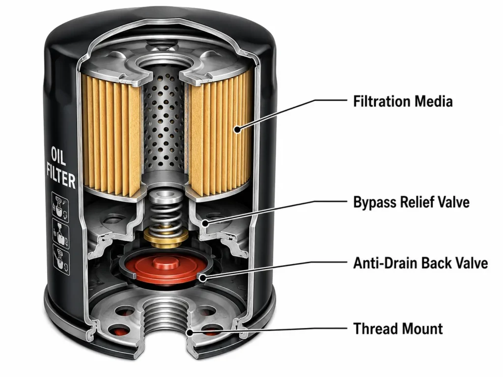 Cutaway cross-section diagram of a spin-on oil filter labeled with filtration media, bypass relief valve, anti-drain back valve, and thread mount.