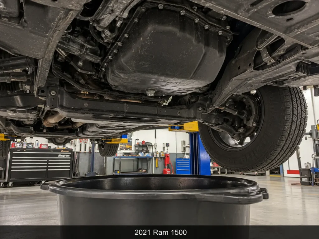 Under-vehicle view of a 2021 Ram 1500 showing the engine oil pan and drain plug with a drain pan positioned underneath in a workshop.
