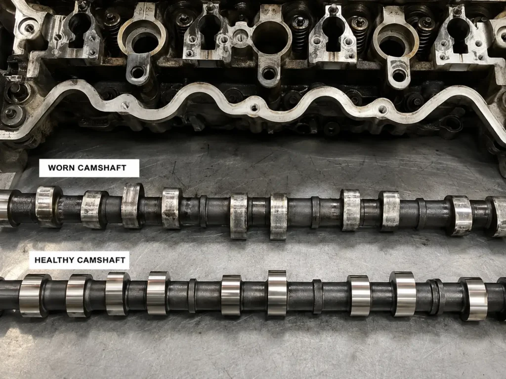 Close-up of disassembled engine parts showing a worn 5.7L HEMI camshaft compared with a healthy camshaft on a workshop table.