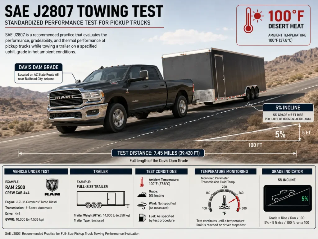 Technical infographic showing a Ram 2500 towing a full-size enclosed trailer up the Davis Dam grade in desert heat, illustrating the SAE J2807 towing test with labels for 100°F ambient temperature, 5% incline, and 7.45-mile test distance.