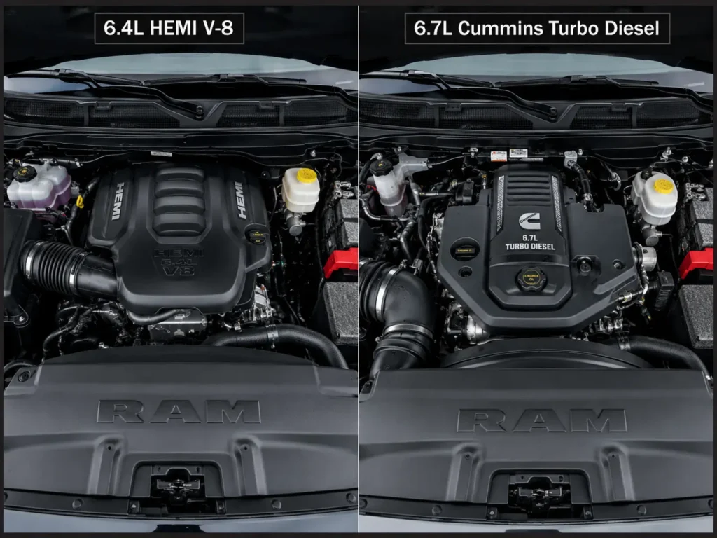 Side-by-side overhead engine bay comparison of a 2022 Ram 2500, with the 6.4L HEMI V-8 on the left and the 6.7L Cummins Turbo Diesel inline-six on the right, both shown in clean, well-lit professional photography.