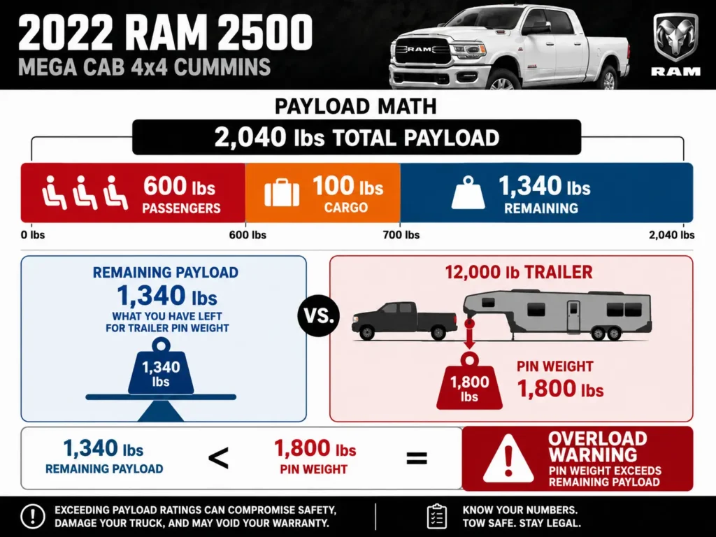 Bold infographic explaining payload math for a 2022 Ram 2500 Mega Cab 4x4 Cummins, showing 2,040 pounds total payload split into 600 pounds of passengers, 100 pounds of cargo, and 1,340 pounds remaining, then comparing that remaining payload against a 12,000-pound trailer with 1,800-pound pin weight and highlighting an overload warning.