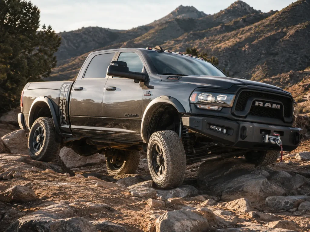 A 2022 Ram 2500 Power Wagon in Granite Crystal Metallic driving over rocky off-road terrain, with wheels highly articulated to show suspension travel and a Warn winch visible in the front bumper under warm late-afternoon light.