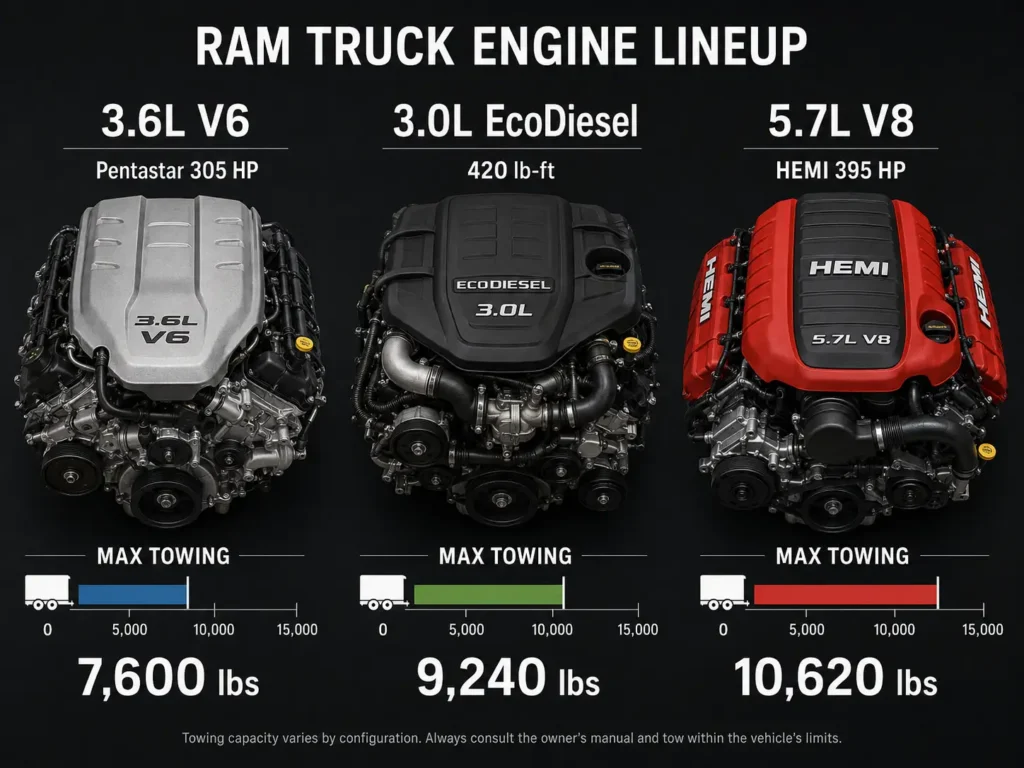 Infographic comparing 2018 Ram 1500 engines: 3.6L Pentastar V6 at 305 HP and 7,600 lbs towing, 3.0L EcoDiesel at 420 lb-ft and 9,240 lbs towing, and 5.7L HEMI V8 at 395 HP and 10,620 lbs towing.