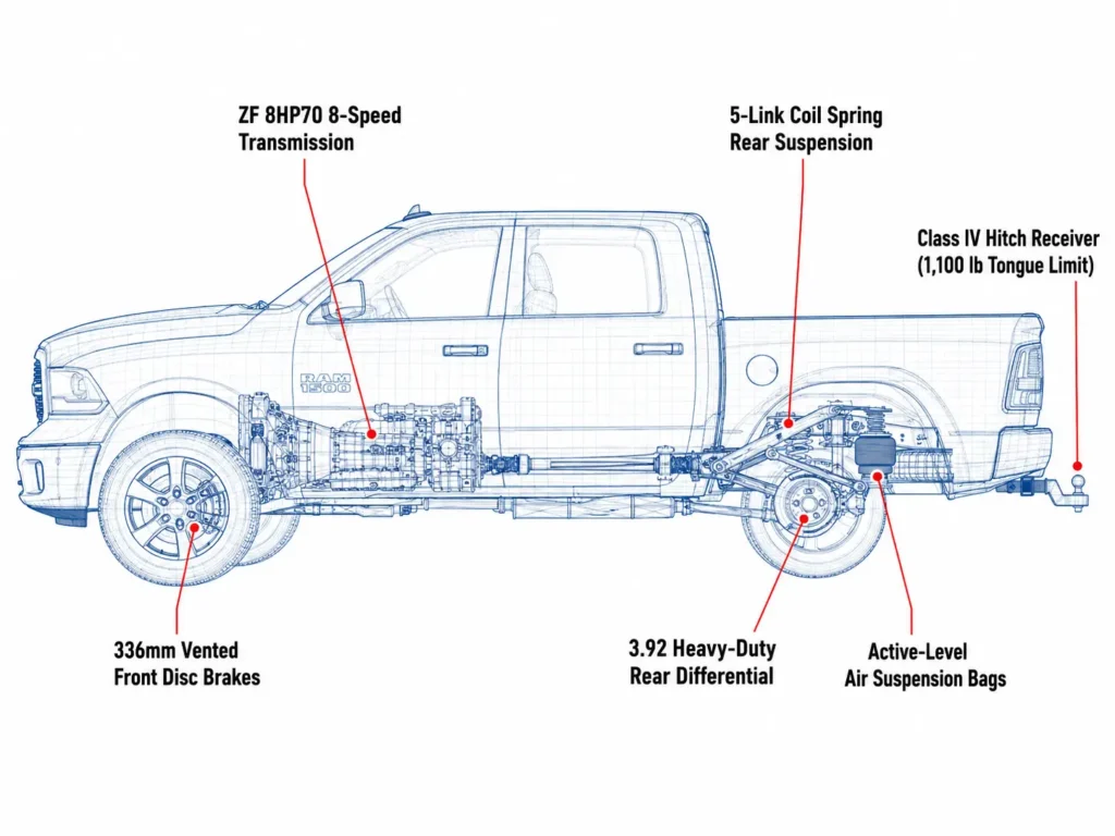 Technical side-profile blueprint of a 2018 Ram 1500 showing key towing components, including the 5-link rear suspension, Class IV hitch receiver, 8-speed transmission, 3.92 rear differential, front disc brakes, and air suspension bags.