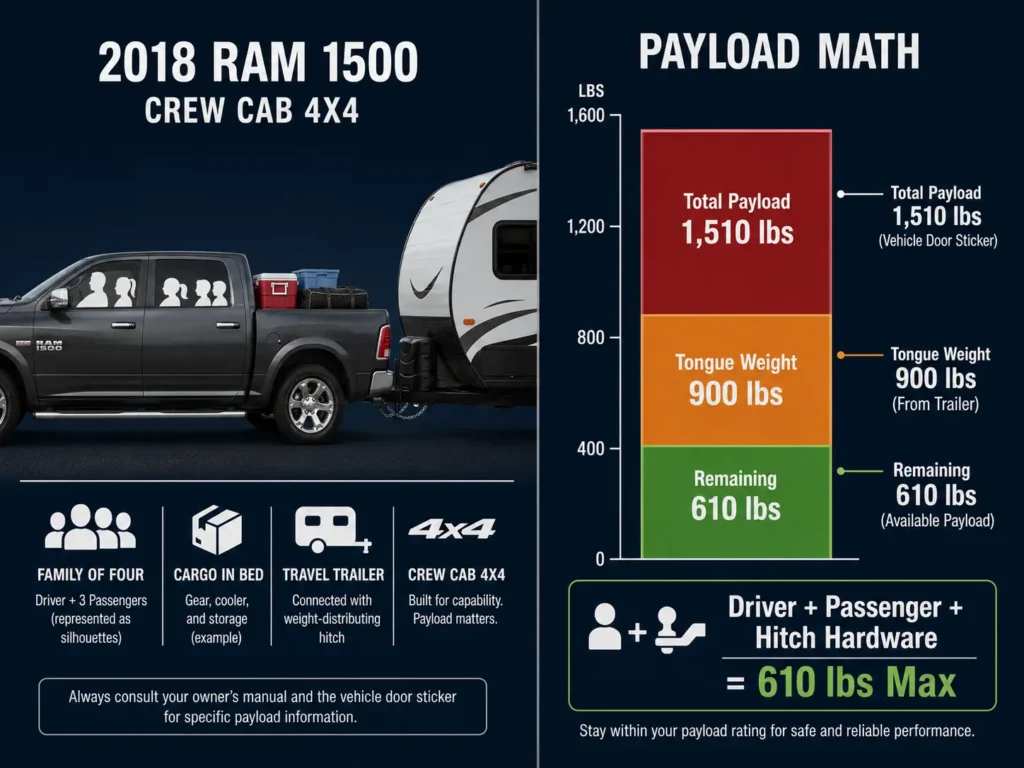 Payload infographic for a 2018 Ram 1500 Crew Cab 4x4 showing a total payload of 1,510 lbs, 900 lbs of tongue weight from the trailer, and 610 lbs remaining for passengers and hitch hardware.