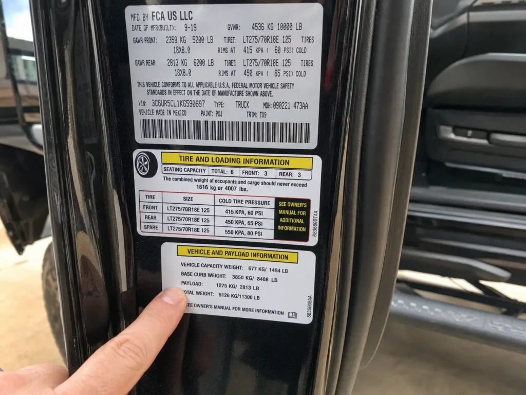 2019 Ram 2500 payload sticker showing towing limit details