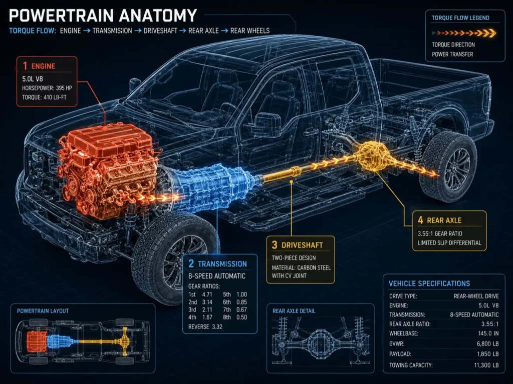 X-ray blueprint view of pickup truck powertrain showing engine, transmission, driveshaft, and rear axle torque flow