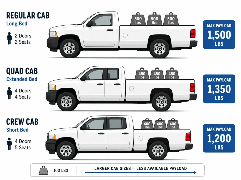 Pickup truck cab size comparison showing Regular Cab, Quad Cab, and Crew Cab payload differences