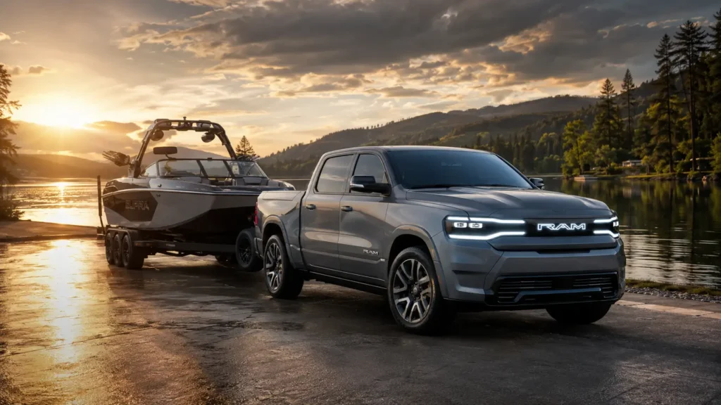 2025 Ram 1500 REV towing a wakeboarding boat beside a lake