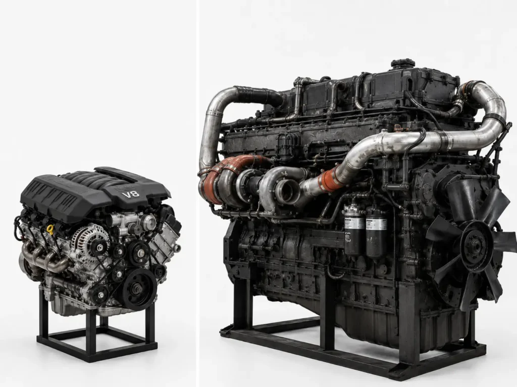Side-by-side studio comparison of a compact V8 gasoline truck engine and a much larger inline-six diesel engine on a clean white background.