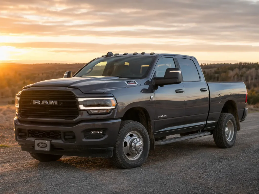 2022 Ram 3500 Heavy Duty pickup truck with 6.7L Cummins badge parked on an open road at golden hour, shown from a front three-quarter angle.