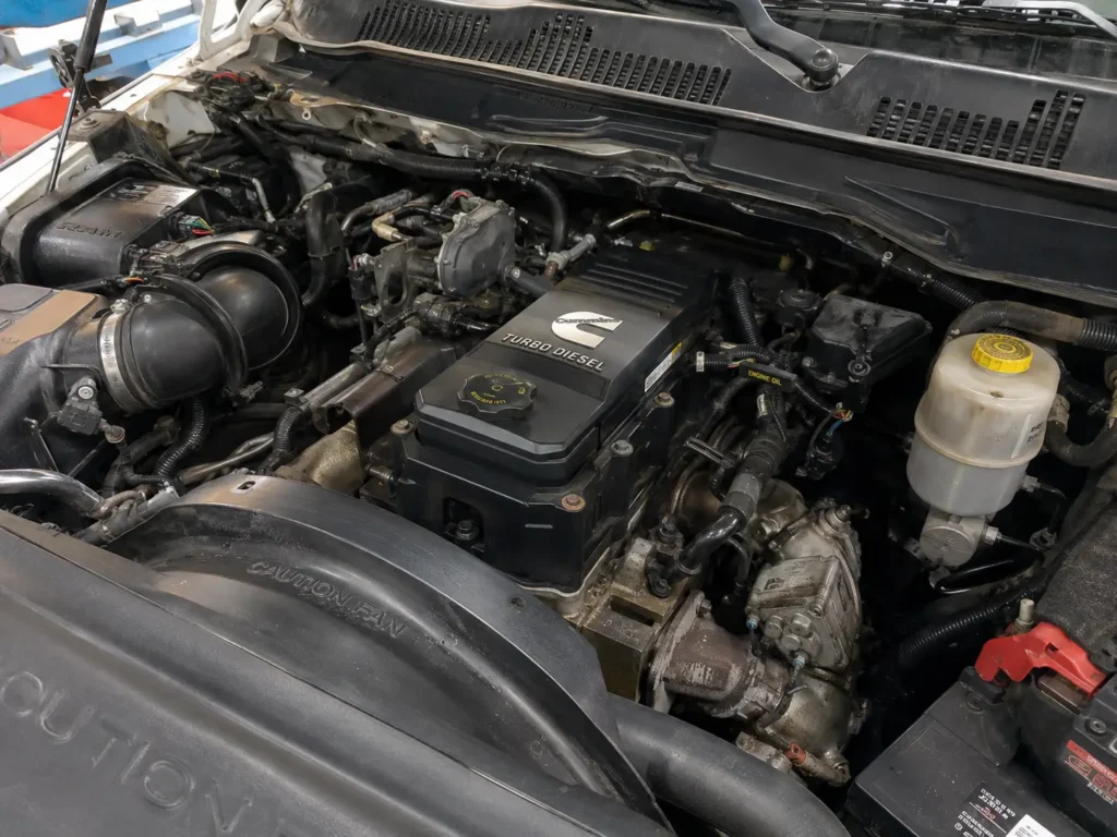 6.7L Cummins Turbo Diesel engine bay in a Ram heavy-duty truck, showing the Cummins Turbo Diesel valve cover, intake tubing, hoses, and engine components.