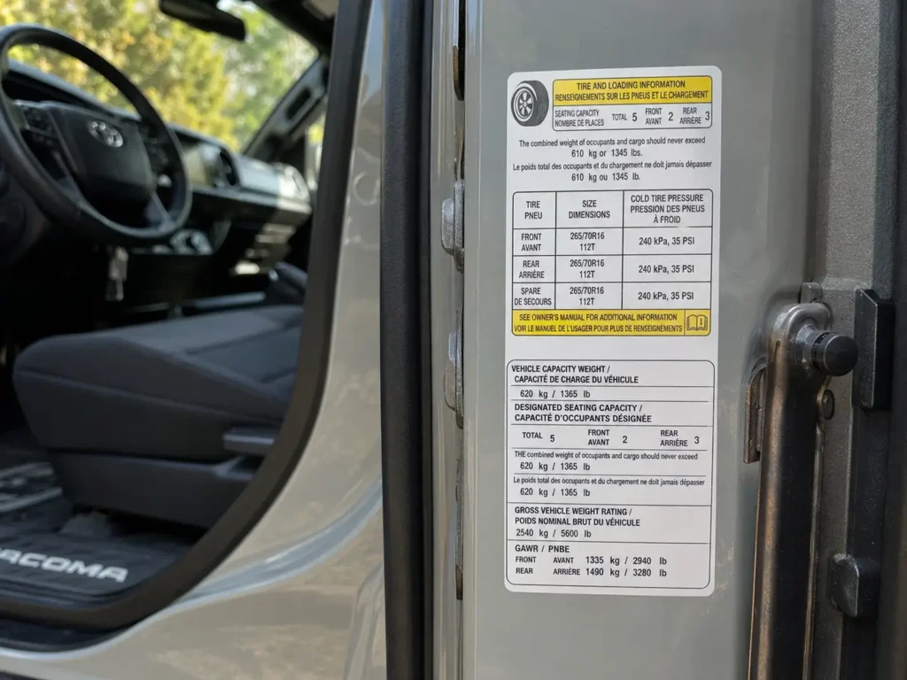 Toyota Tacoma payload sticker showing towing capacity limits