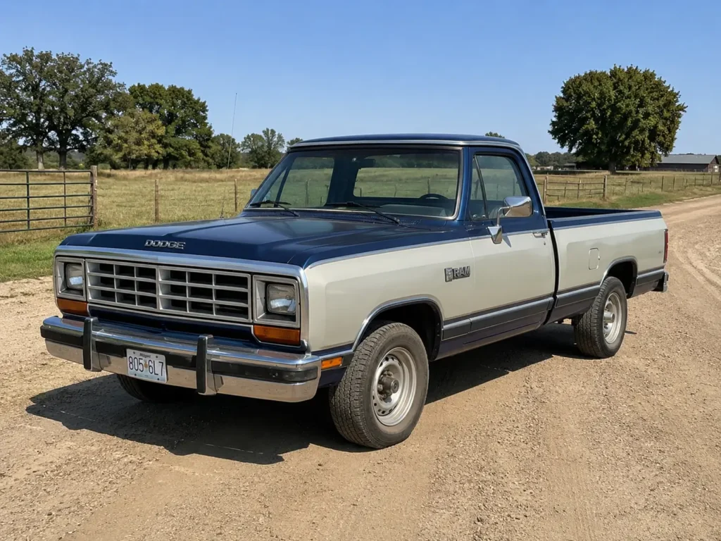 Classic 1980s Dodge Ram pickup with steel wheels parked on a rural dirt road