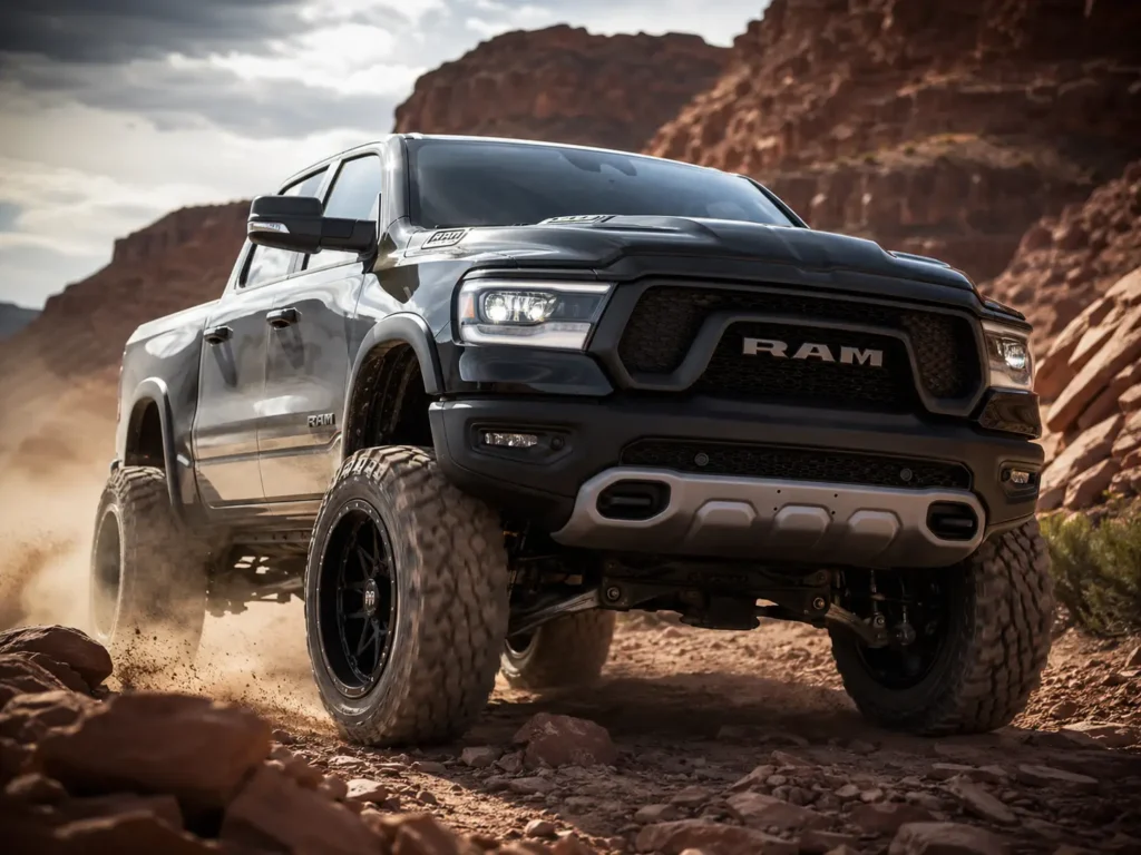 Lifted modern Ram 1500 with 35-inch mud-terrain tires driving on a rocky off-road trail
