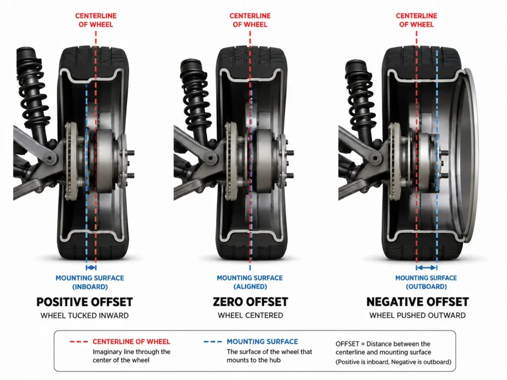 Wheel offset comparison diagram showing positive, zero, and negative offset cross-sections