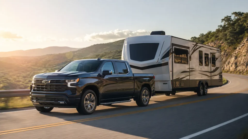 Chevy Silverado 1500 towing a luxury travel trailer on hill country highway