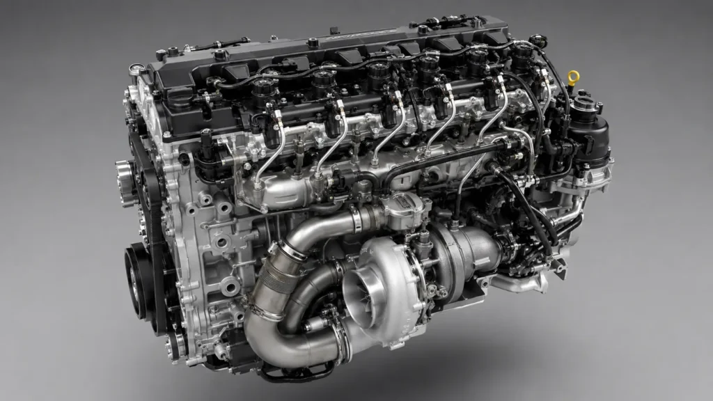 Inline six Duramax turbo diesel engine showing turbocharger and fuel injectors