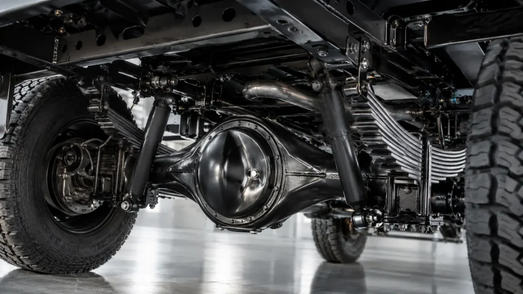 Silverado 1500 rear axle suspension with leaf springs and shocks