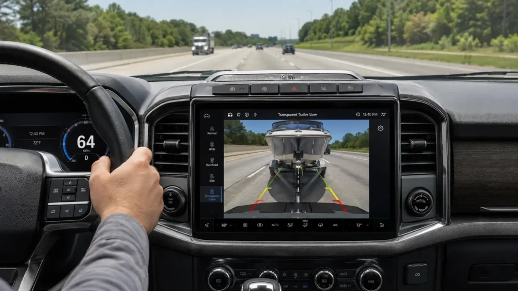 Pickup truck dashboard showing transparent trailer view for boat towing