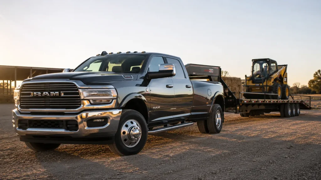 2022–2024 Ram 3500 dually towing a loaded gooseneck trailer at a farm