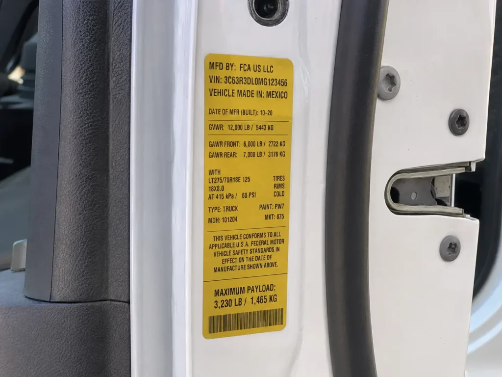 Ram 3500 driver door jamb sticker showing GVWR and maximum payload ratings