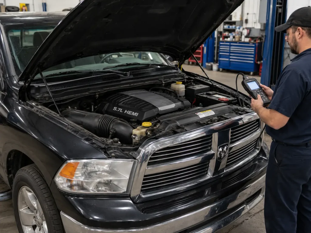 2003–2008 Dodge Ram 1500 with 5.7L Hemi engine bay open in workshop during diagnostic scan